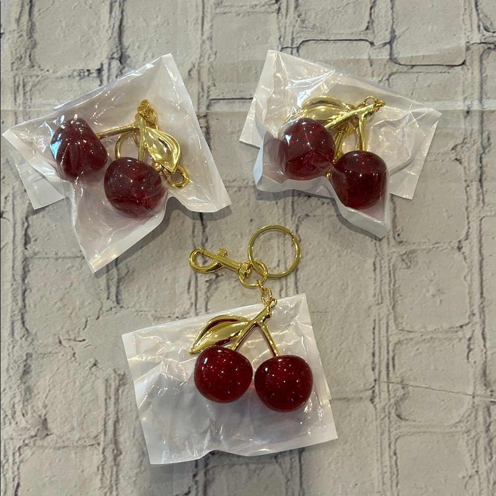 3 Cherry Gold and Red Keychain Sets